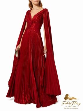 Marchesa Red Pleated Maxi Gown | Cape Sleeve Evening Dress | Formal Glam